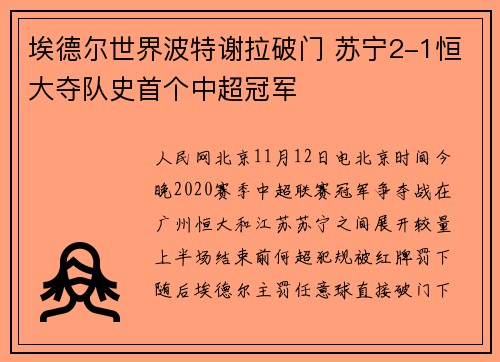 埃德尔世界波特谢拉破门 苏宁2-1恒大夺队史首个中超冠军